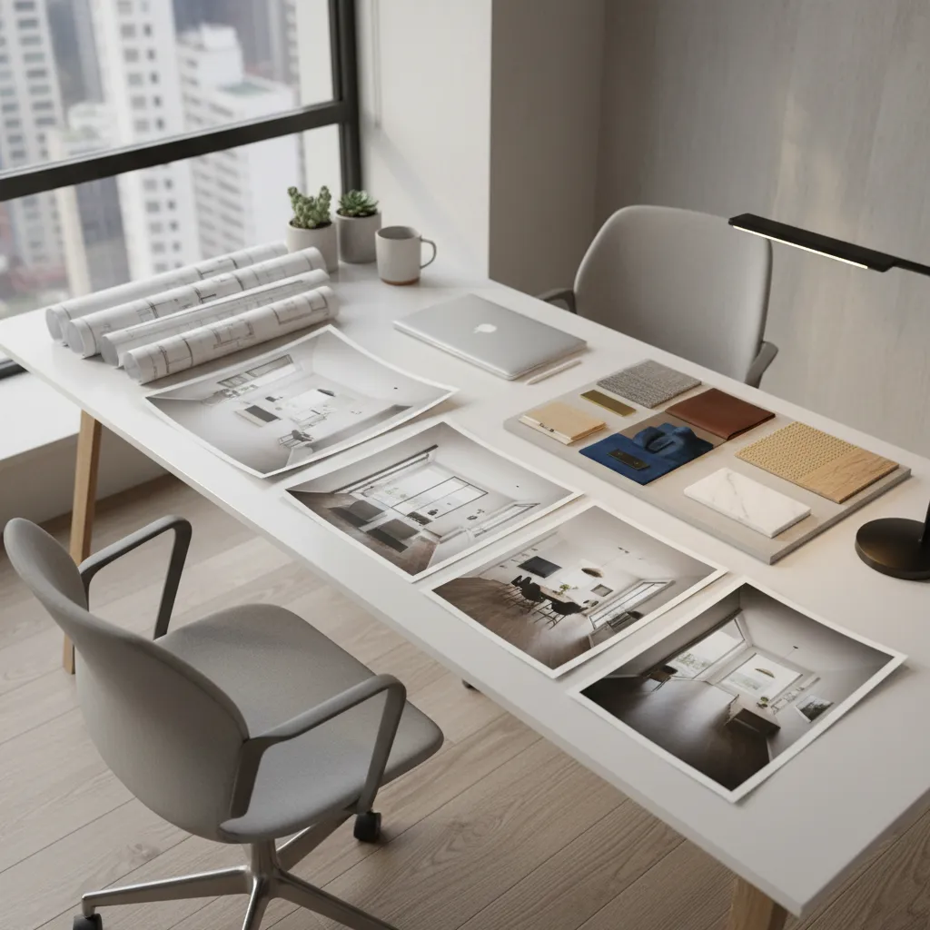 White desk with interior design drawings printed photos laptop and materials near a large window