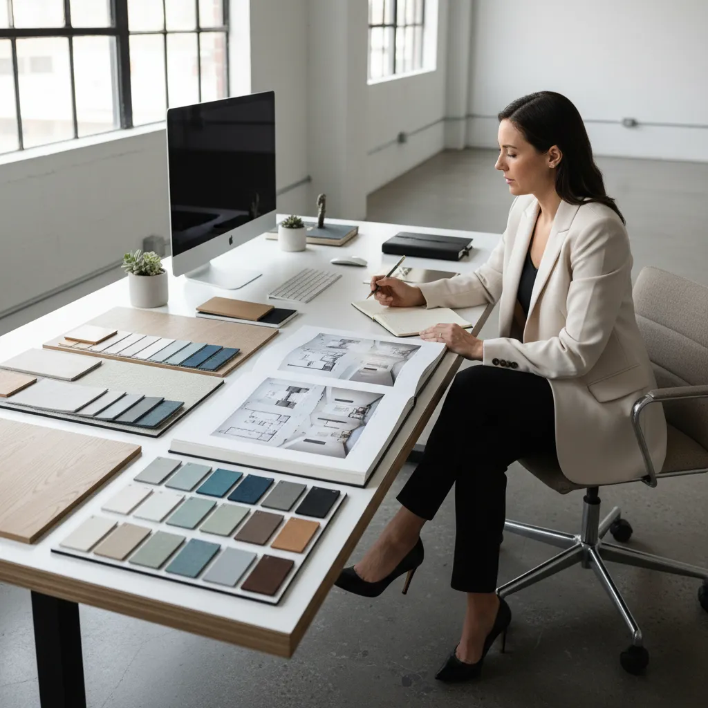 Woman at white desk reviewing material samples and interior design drawing book with computer screen