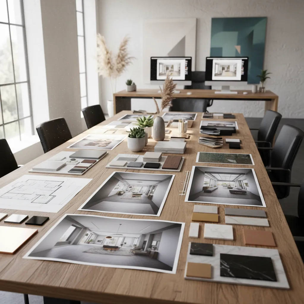 Interior design mood board on wooden table featuring room layouts, photos, and various material samples