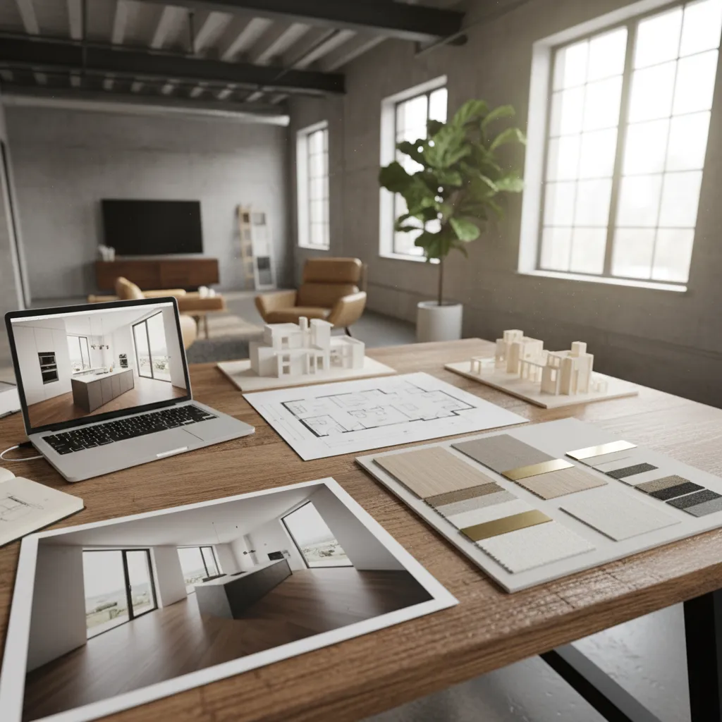 Portfolio de proyectos de interiorismo sobre mesa de trabajo