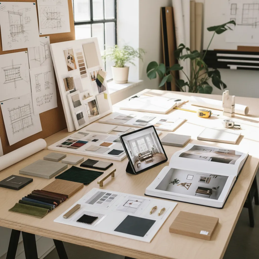 Portfolio de estudiante de diseño con bocetos, renders y muestras de materiales