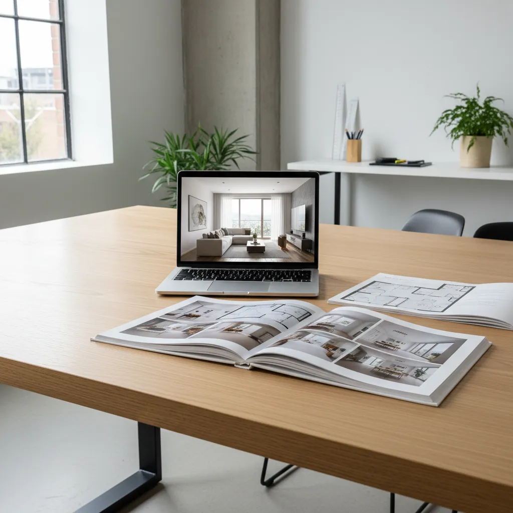 Portfolio de estudiante con renders y planos de diseño de interiores