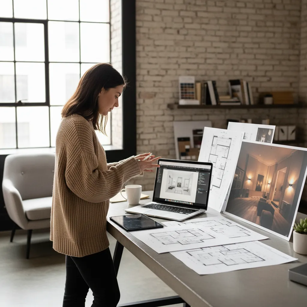 Estudiante revisando su portfolio de proyectos de diseño de interiores