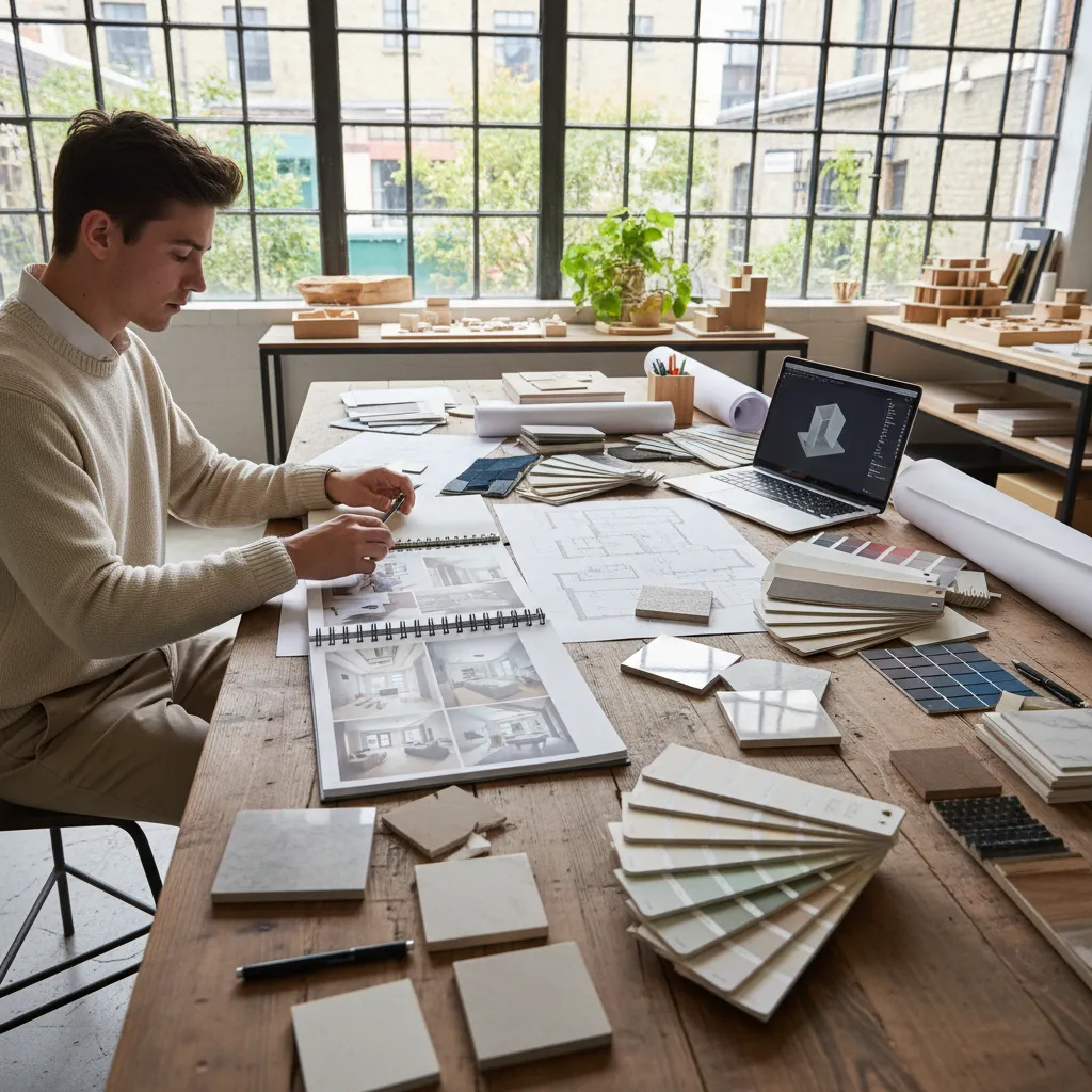 Estudiante revisando portfolio de proyectos de diseño de interiores
