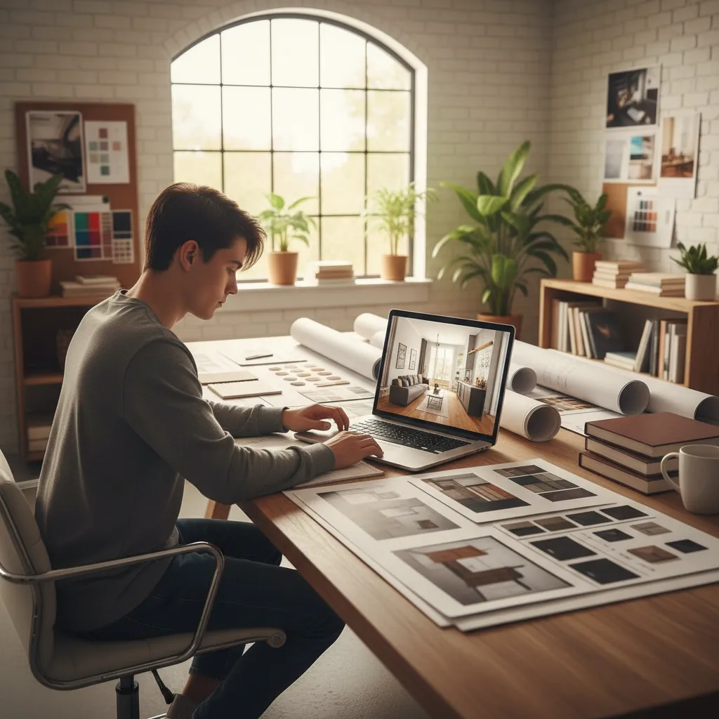 Designer working on a laptop showing room layout with paper plans on a wooden desk