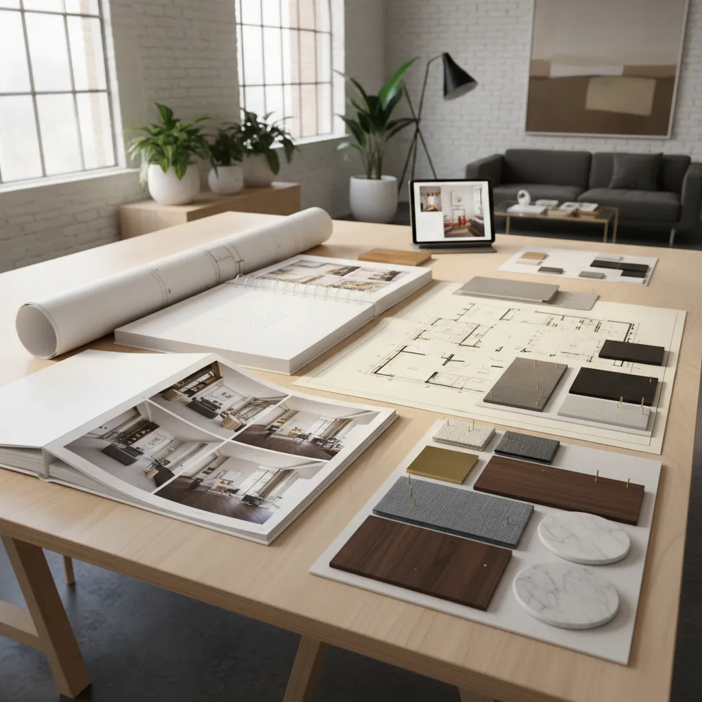 Portafolio de diseño de interiores con renders y planos impresos