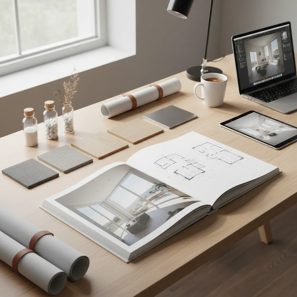 Portfolio de estudiante de interiorismo con renders y planos