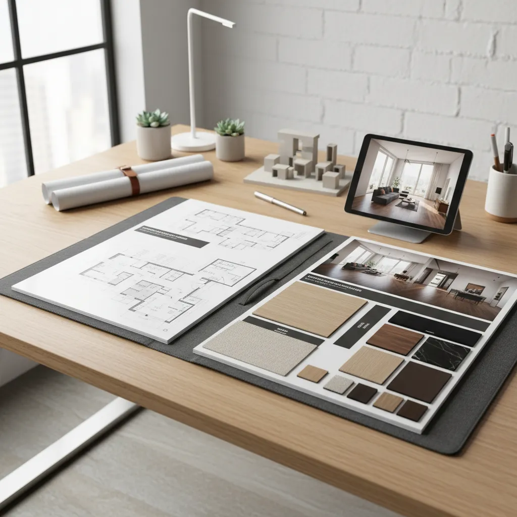 Portfolio de diseño de interiores con planos y renders sobre una mesa