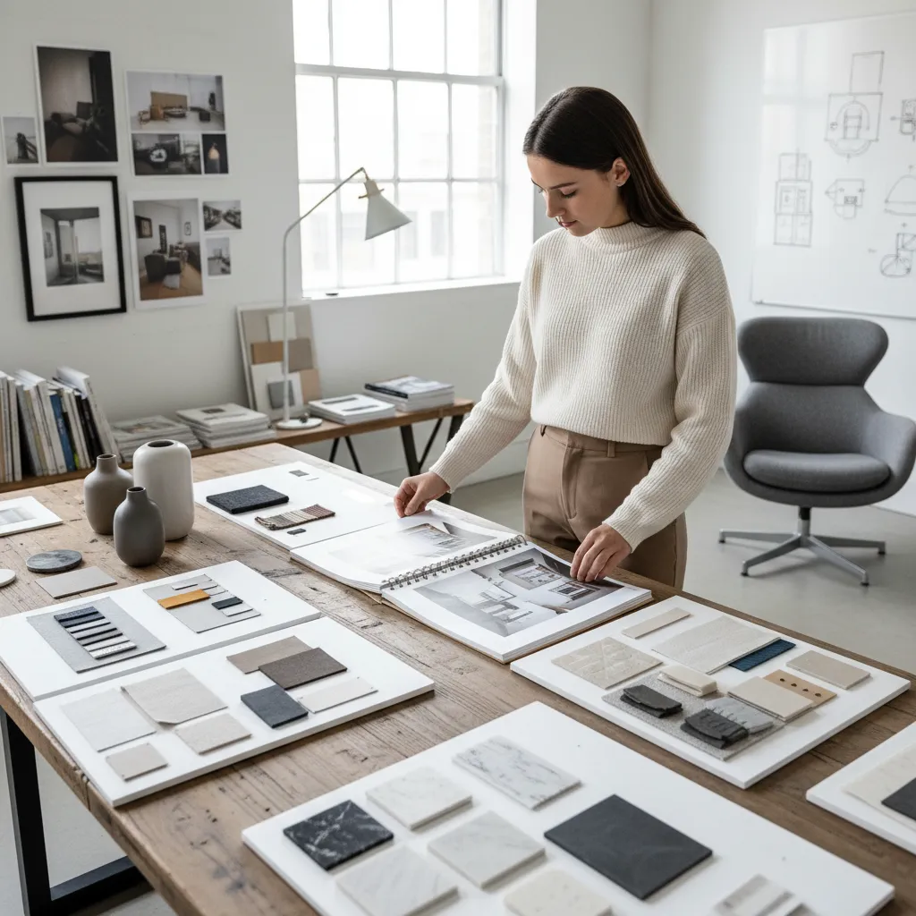 Estudiante revisando portfolio de proyectos de diseño de interiores