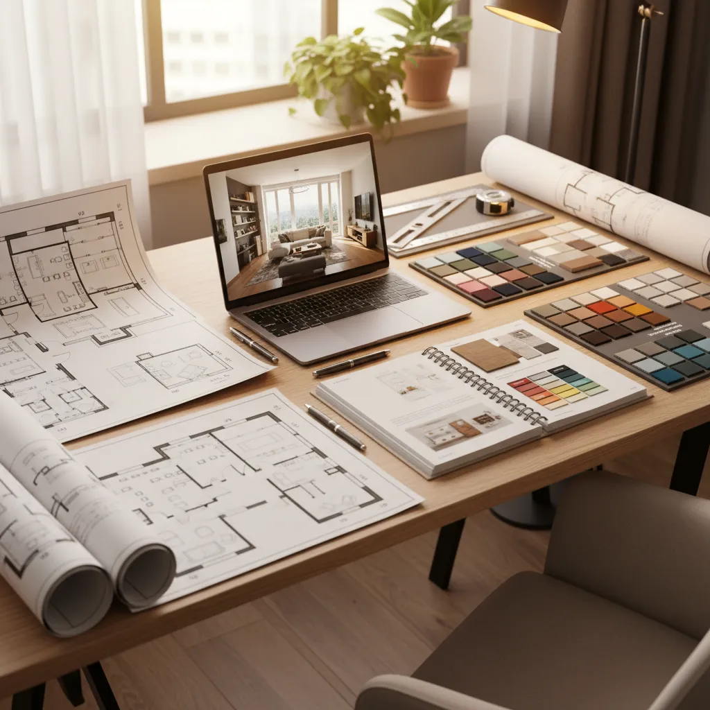 Wooden desk with room layout drawings, laptop showing room design, color swatches, and office tools.