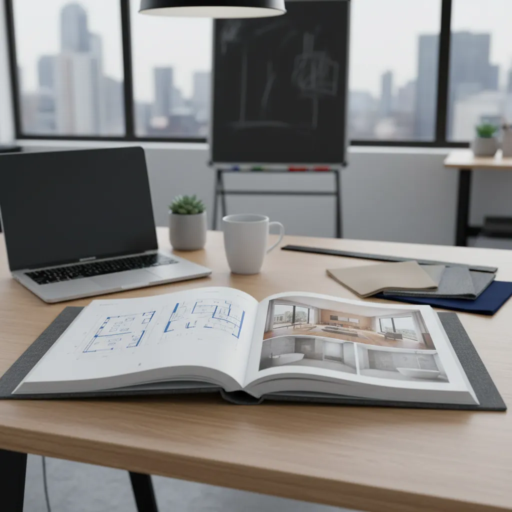Portafolio de proyectos de diseño de interiores sobre una mesa