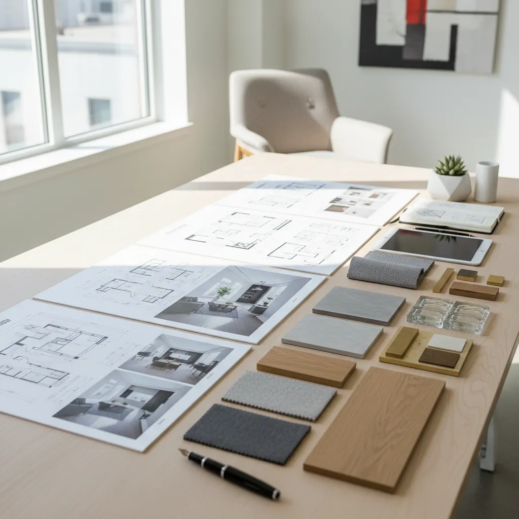 Portafolio de diseño interior con planos, renders y muestras de materiales