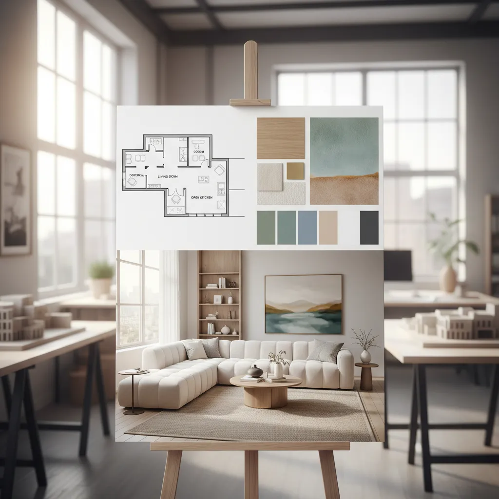 Ejemplo de presentación de proyecto con plano y render en portafolio de interiorismo