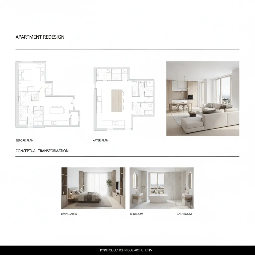 Página de portafolio mostrando distribución de apartamento y renders interiores