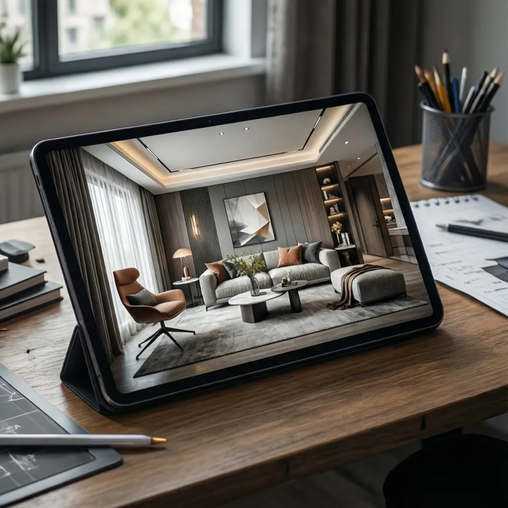 Tablet showing an interior design drawing of a modern living room with grey sofa furniture