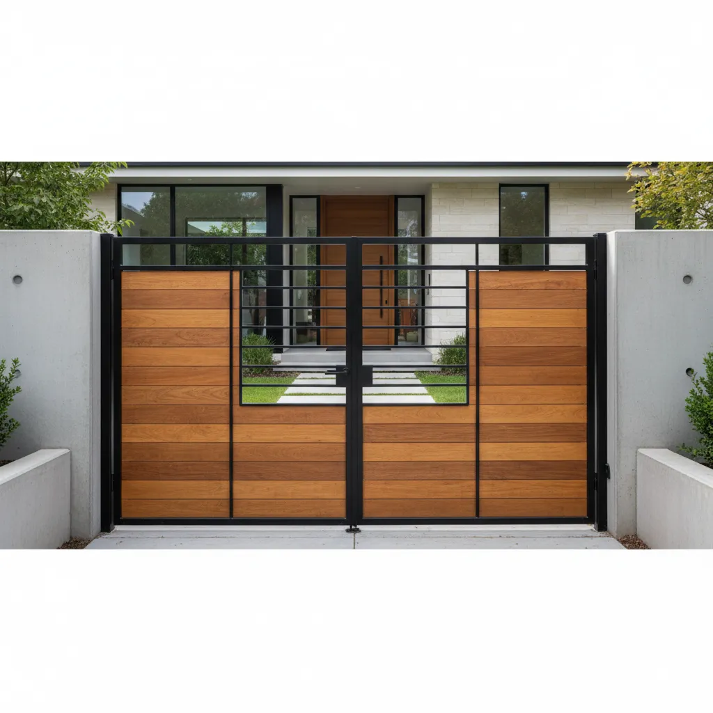 Portón combinado de hierro y madera para casa moderna