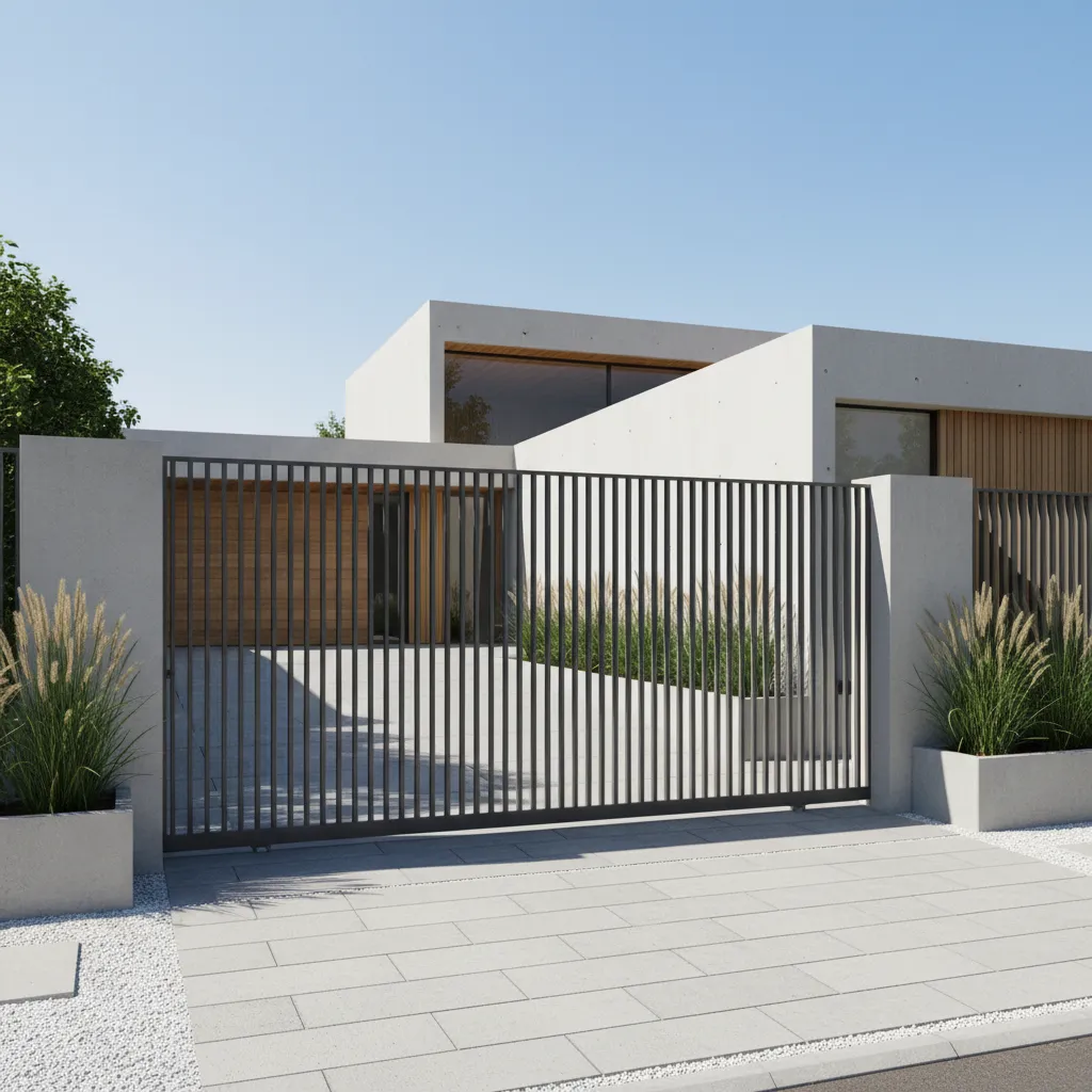 Portón metálico moderno con rejas verticales en el frente de una casa