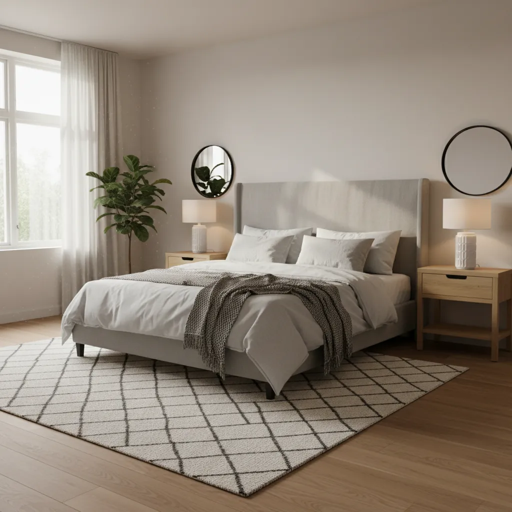 Dormitorio con cabecero en pared principal y mesillas equilibradas