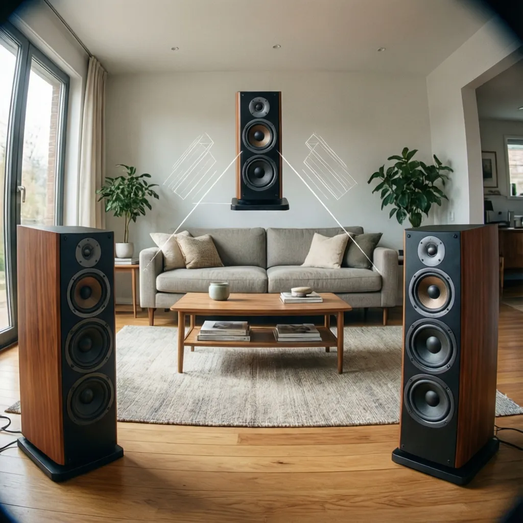 Altavoces correctamente posicionados frente a un sofá formando triángulo de escucha