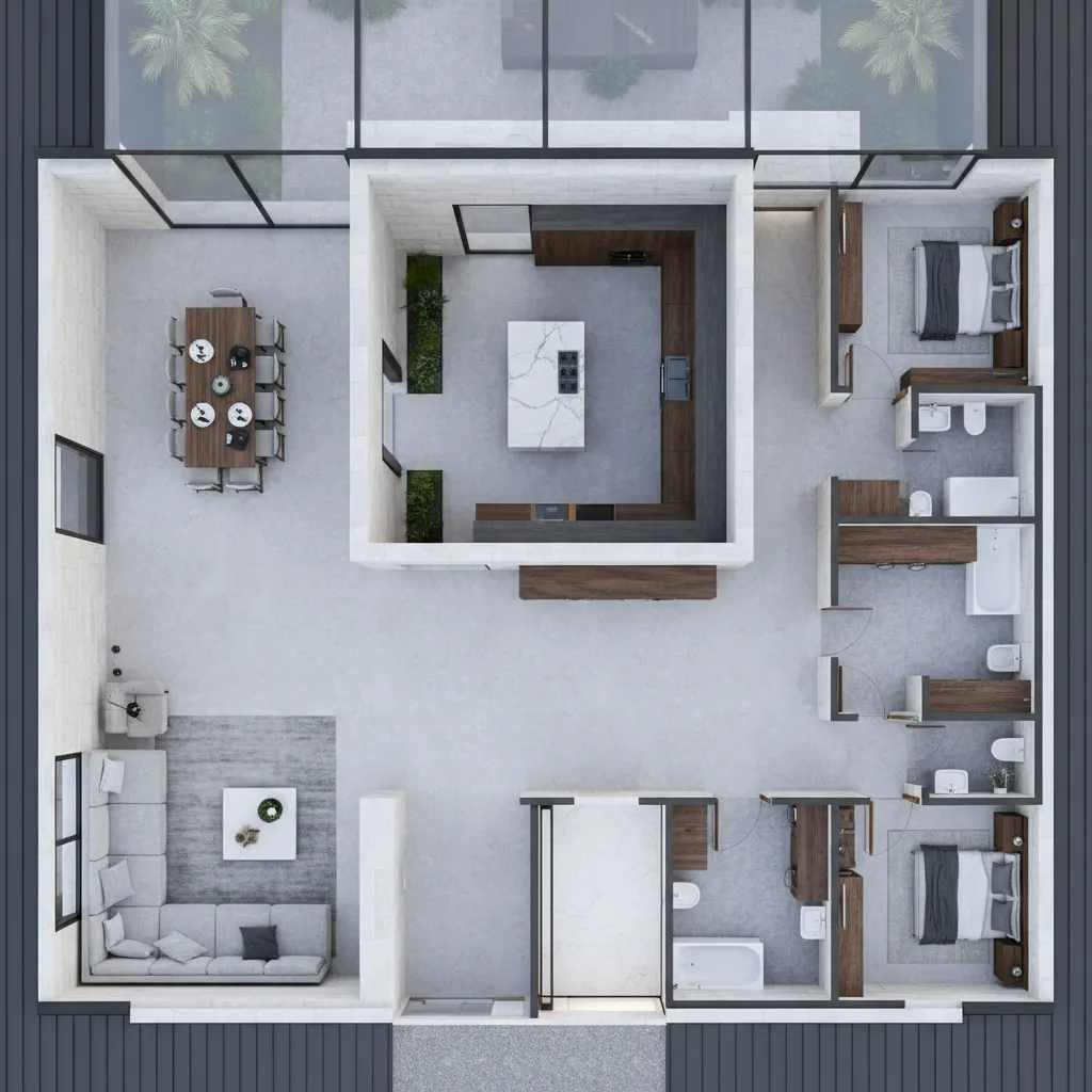 Modern house room layout with kitchen island dining table sofa two bedrooms and two bathrooms