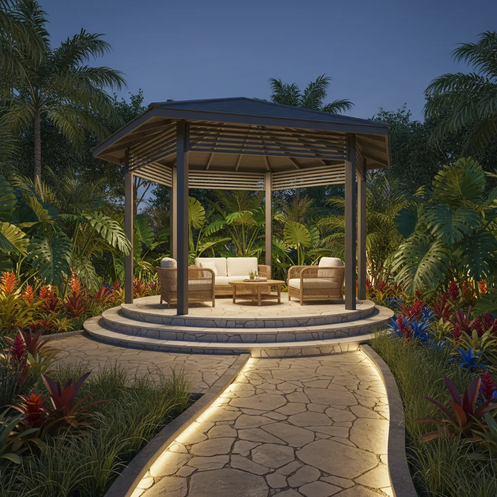 Gazebo ditempatkan di sudut taman belakang