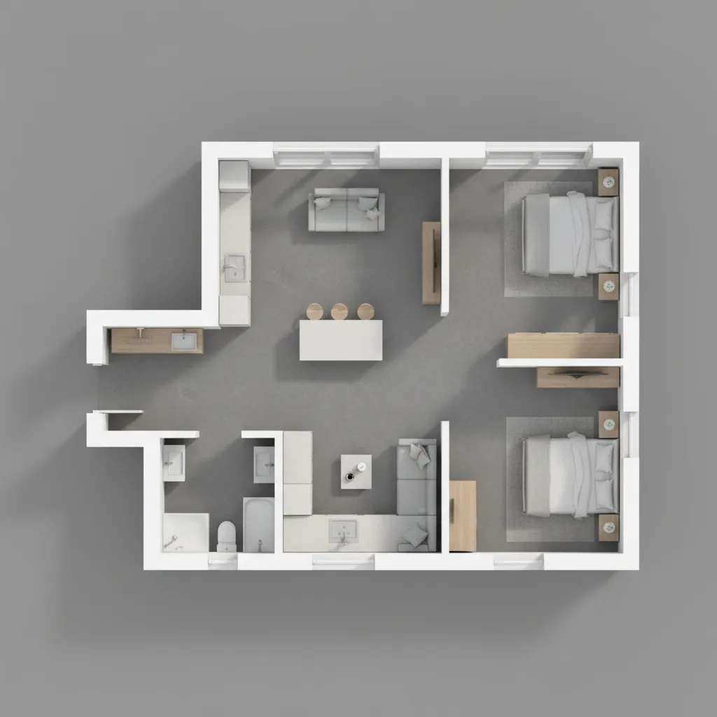 Top view interior design drawing of a modern house with two bedrooms and grey floor