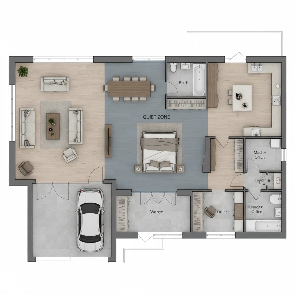 Top view floor plan showing living room dining area kitchen bedroom quiet zone and garage
