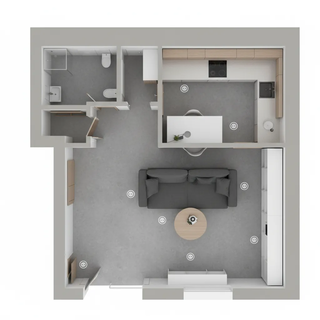 Interior design drawing of room layout showing grey sofa kitchen and power outlet socket positions