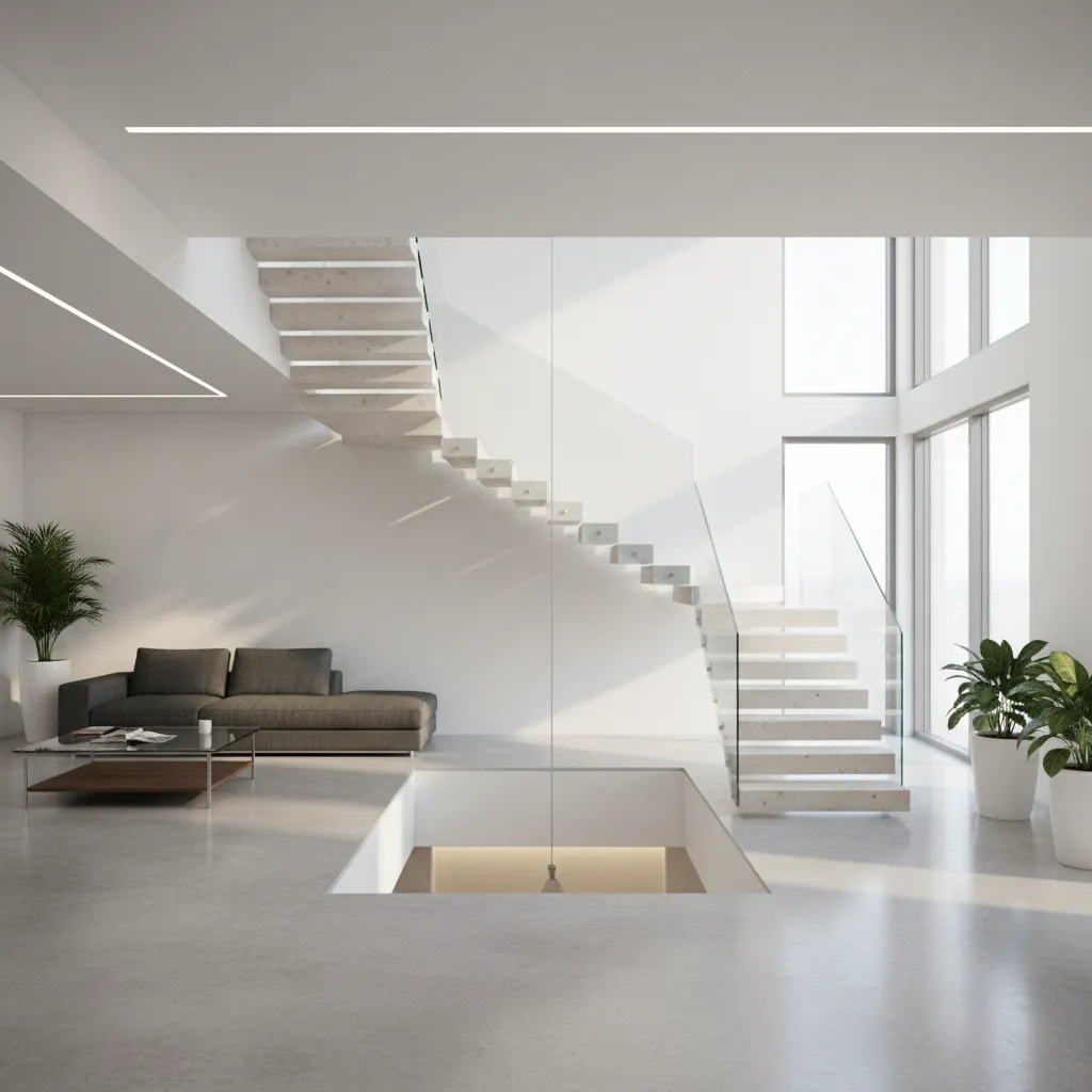 Modern white interior design drawing with floating stairs glass railing grey sofa and large windows