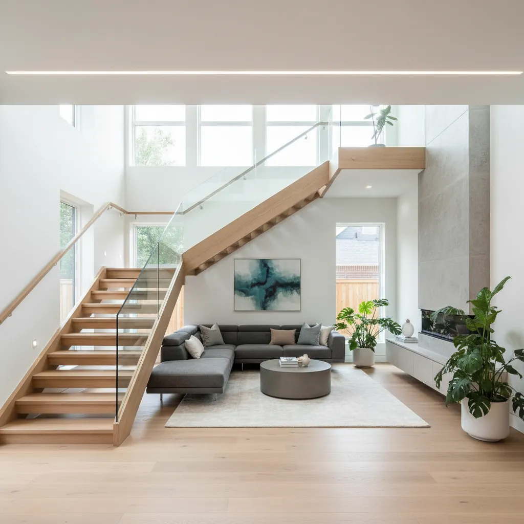 Interior rumah dengan tangga di tengah ruang keluarga
