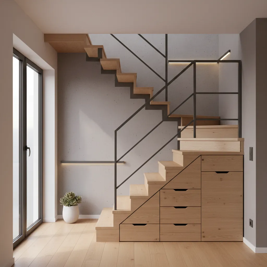 Wooden staircase with built in storage cabinet and drawers next to a large glass window