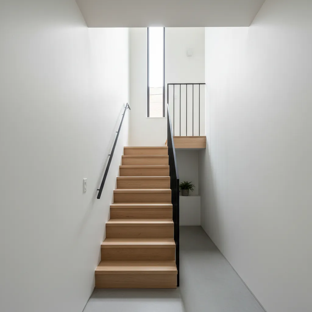 Minimalist wooden stairs with black handrail and tall narrow window in a bright white hallway