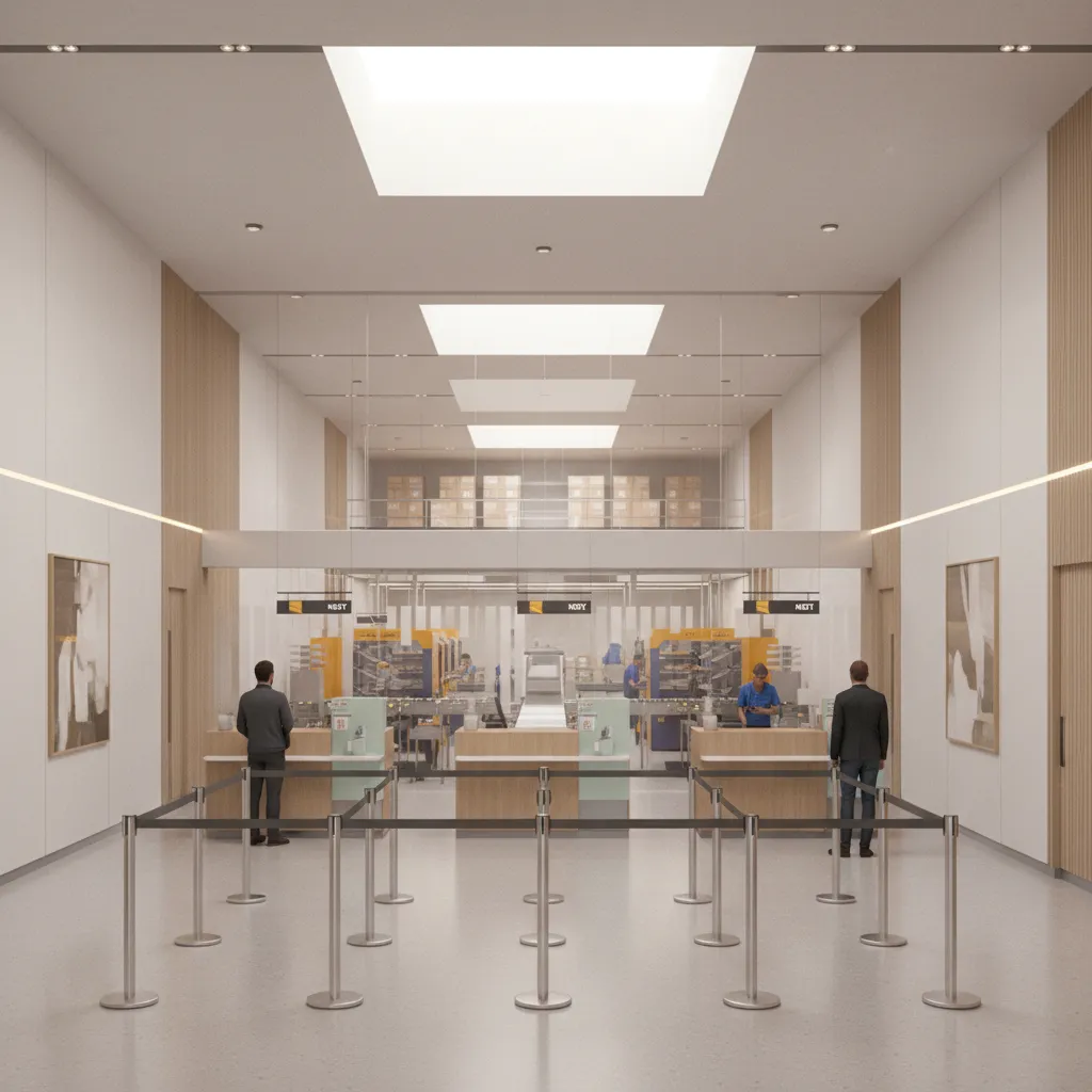 Post office customer service counters separated from mail processing area
