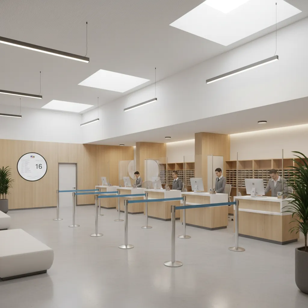 organized post office lobby with service counters and queue system
