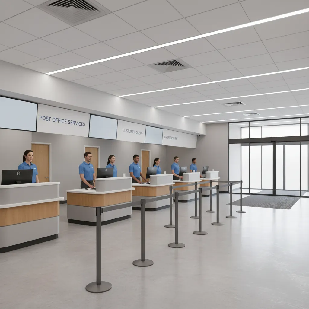 organized post office customer service area with counters and clear circulation space