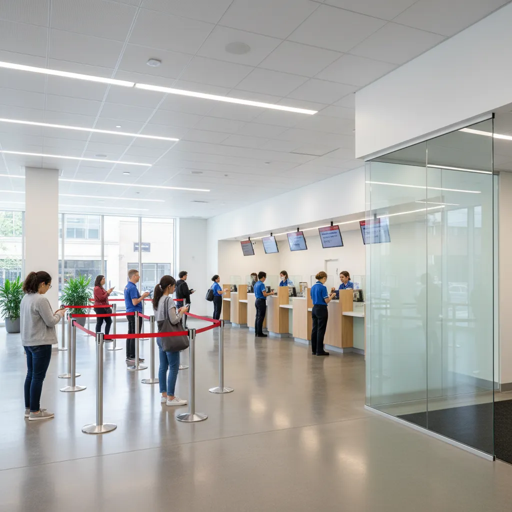 post office interior with organized serpentine queue leading to service counters