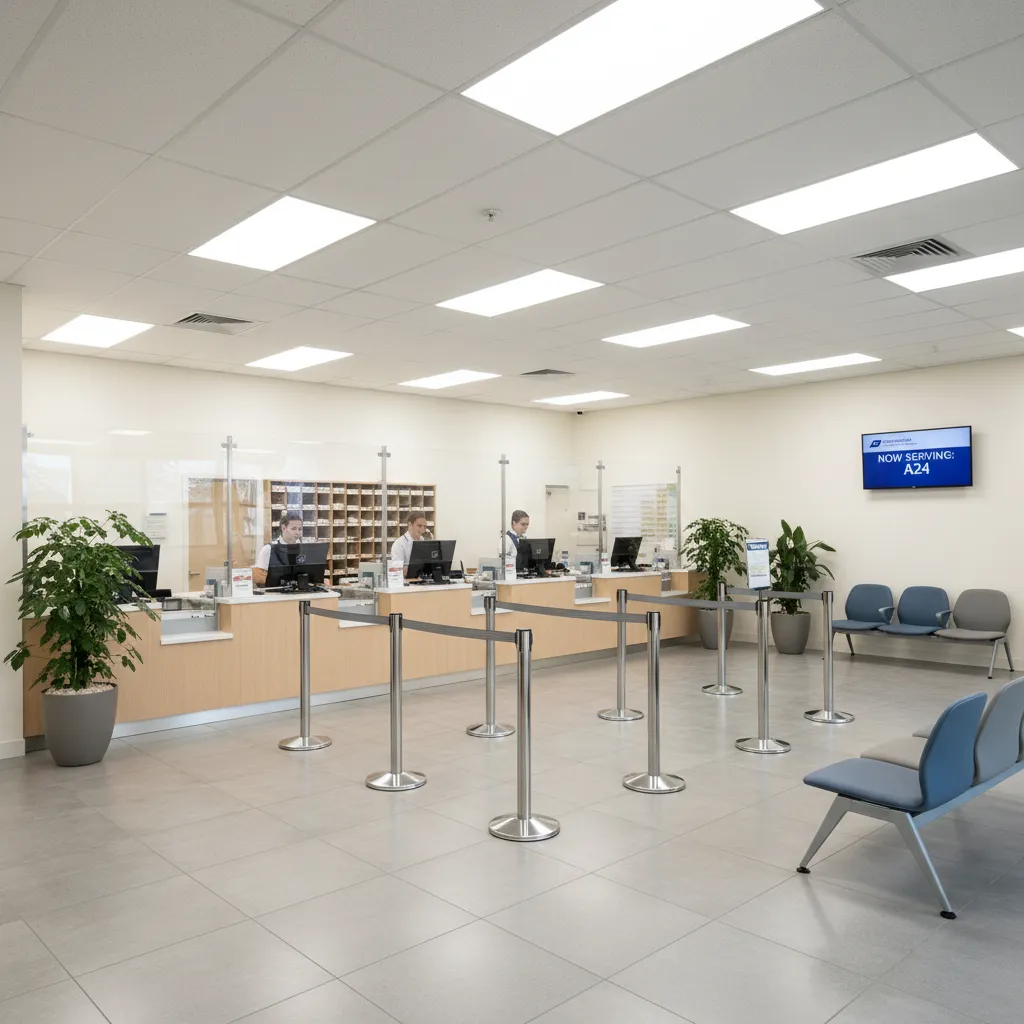 postal service counter with protective glass and customer queue system