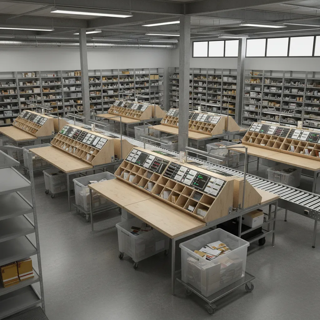 Back room postal sorting area with worktables and mail bins