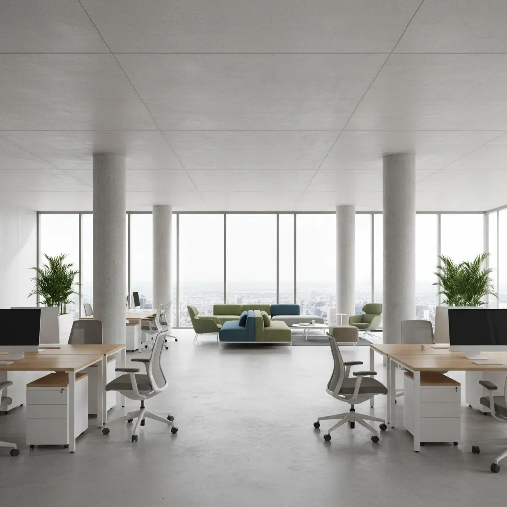 Wide span office interior using post tension concrete slab structure