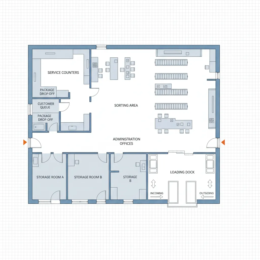 postal facility floor plan showing sorting area loading dock and public service zone