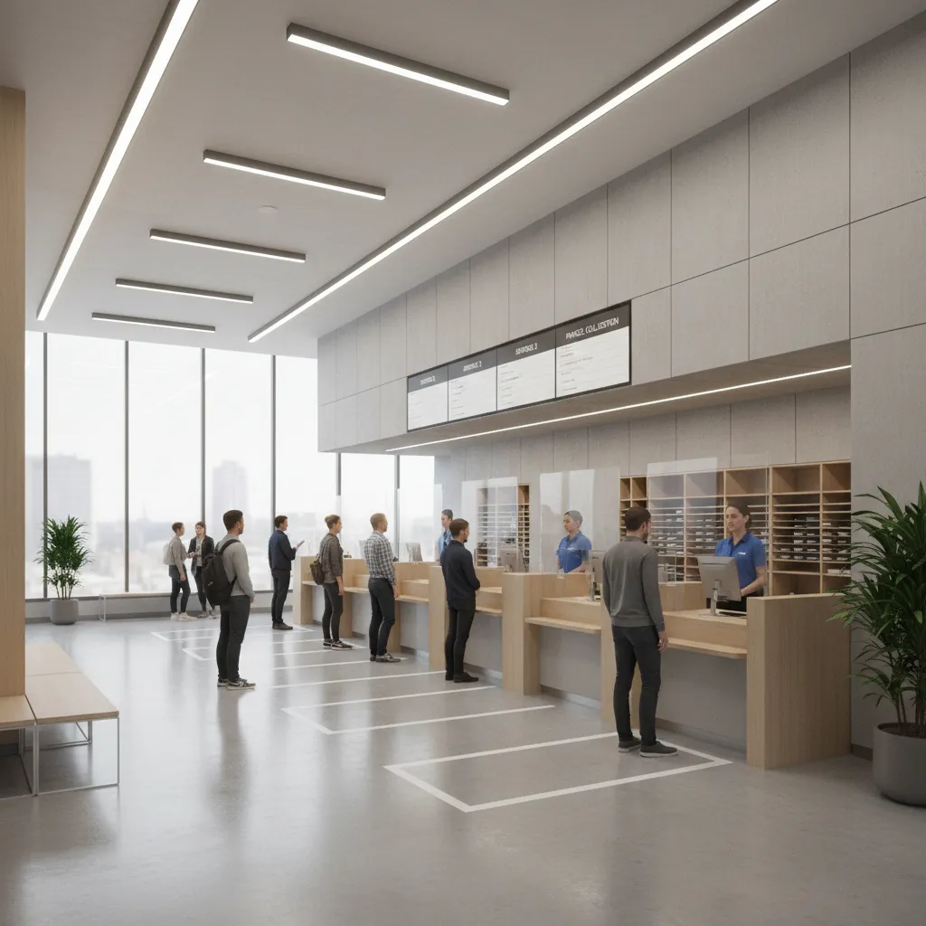 postal service counter area with queue space and organized customer flow