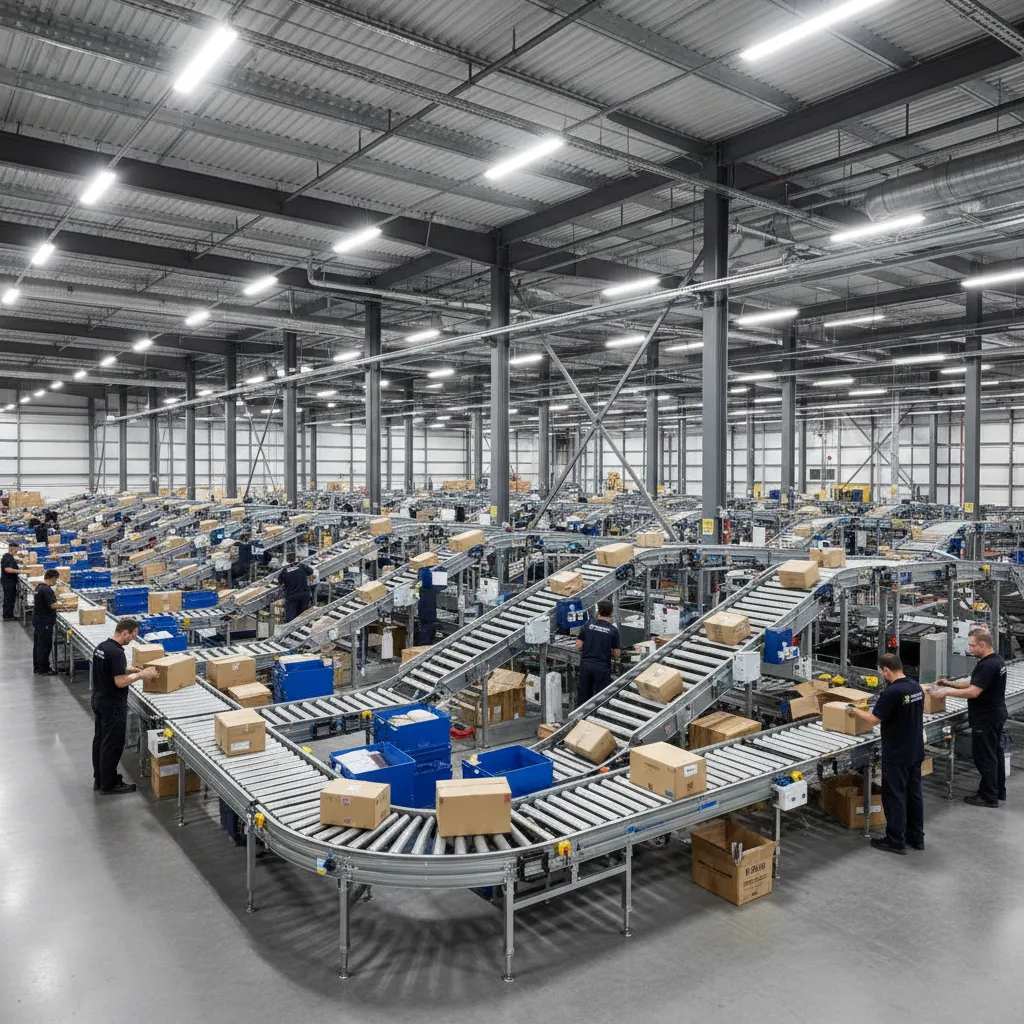 organized postal sorting facility with conveyor systems and workstations