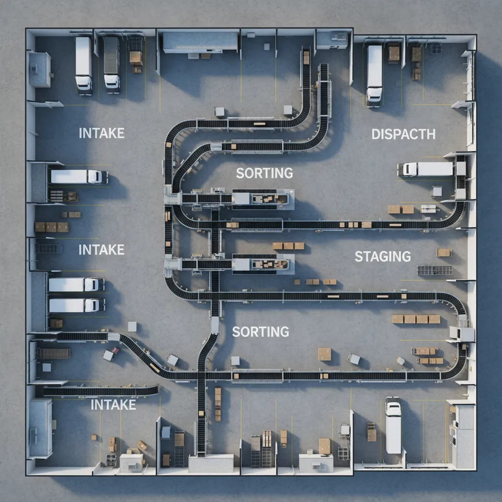 Top view layout diagram of postal sorting zones between intake and dispatch