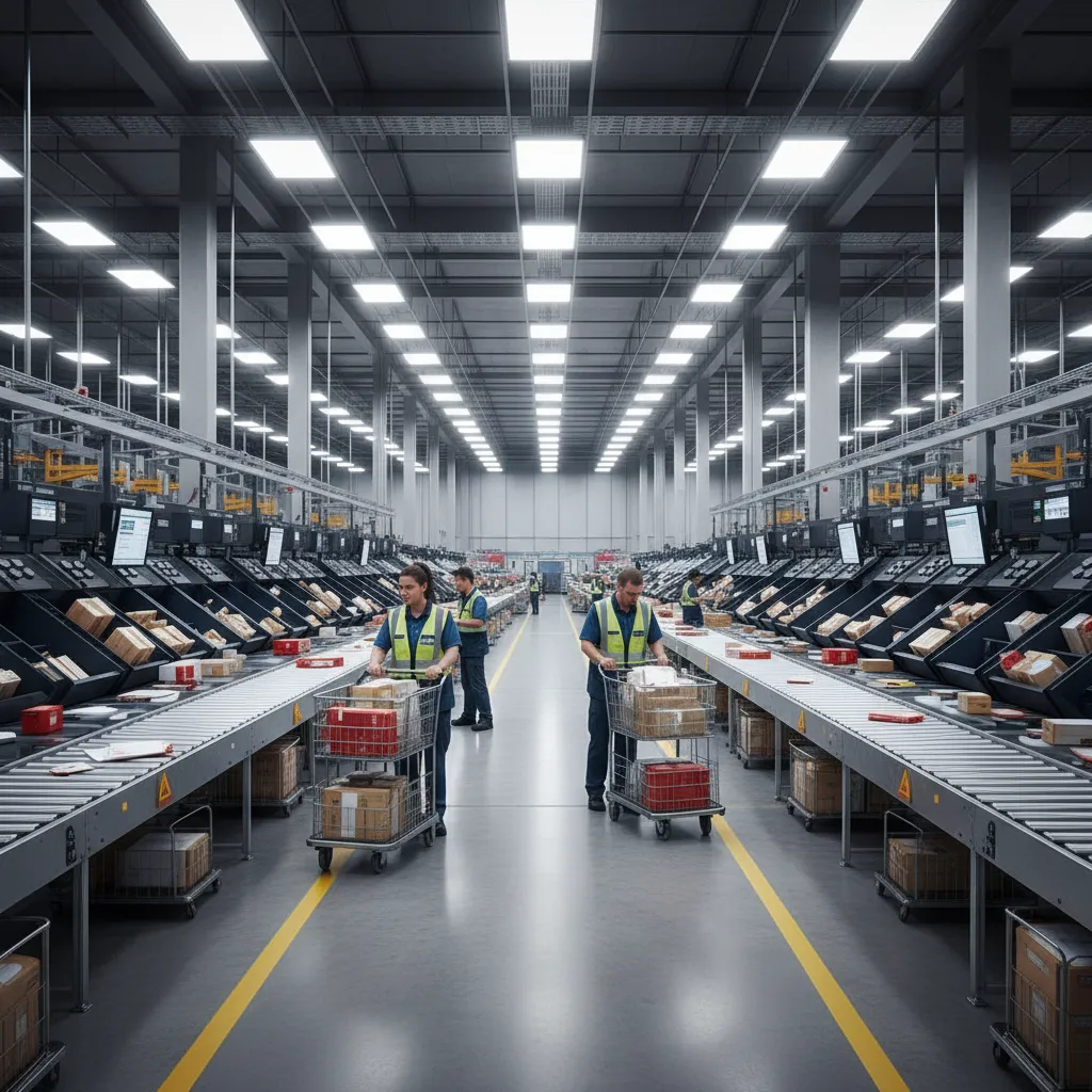 Postal workers moving carts along optimized workflow paths in sorting center