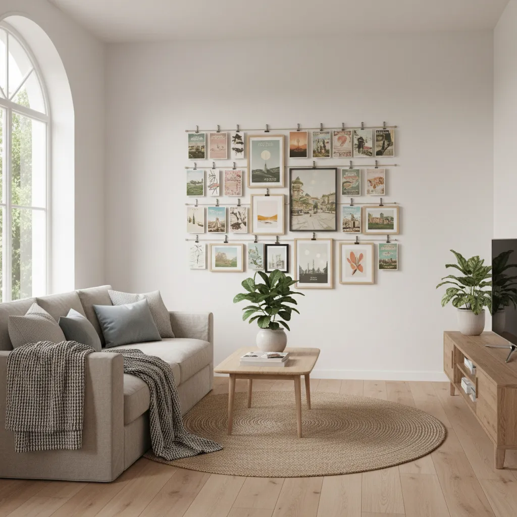 Living room wall with mixed postcard display styles