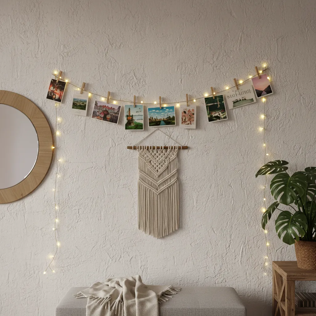 Postcards clipped along string line with small clips