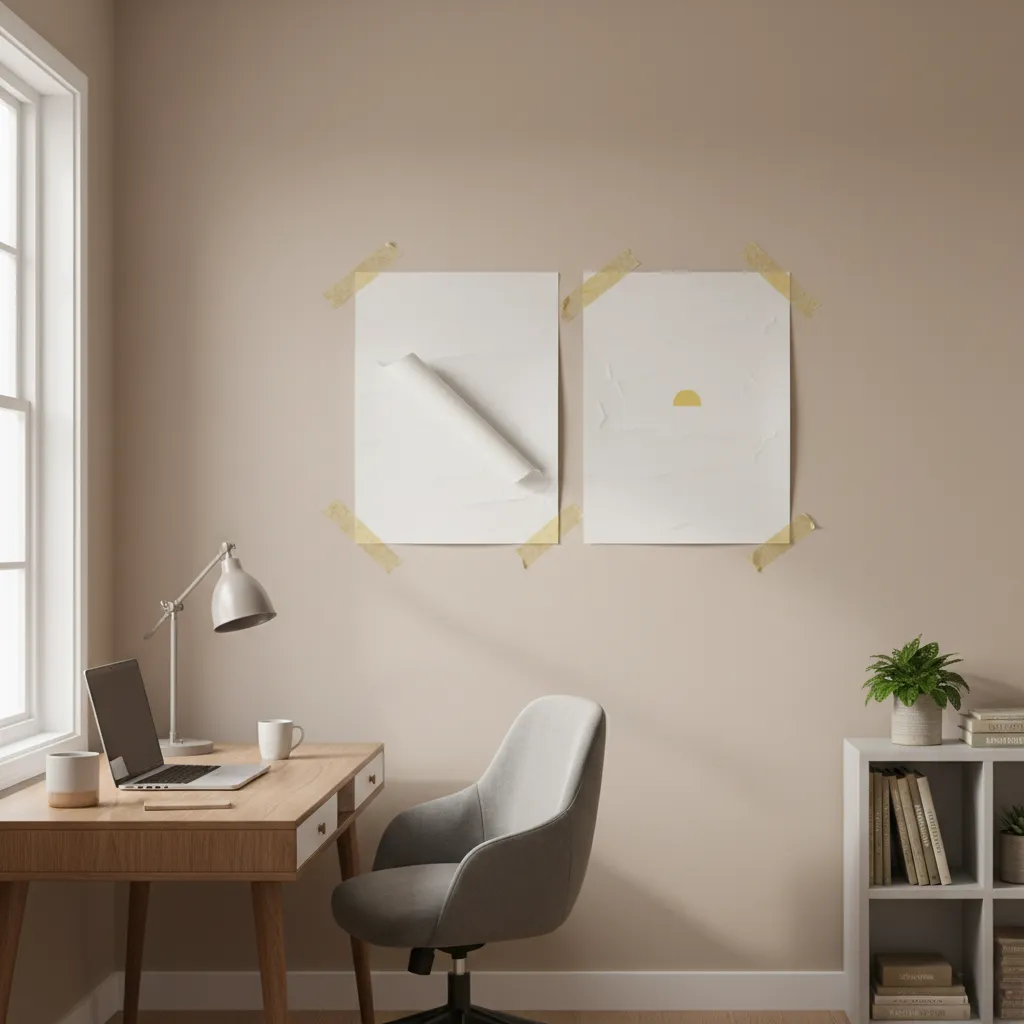 paper poster partially falling off painted wall with loose tape