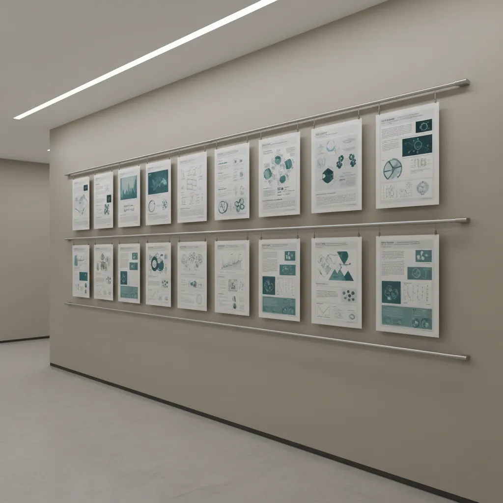 Wall mounted poster rail system holding multiple paper displays