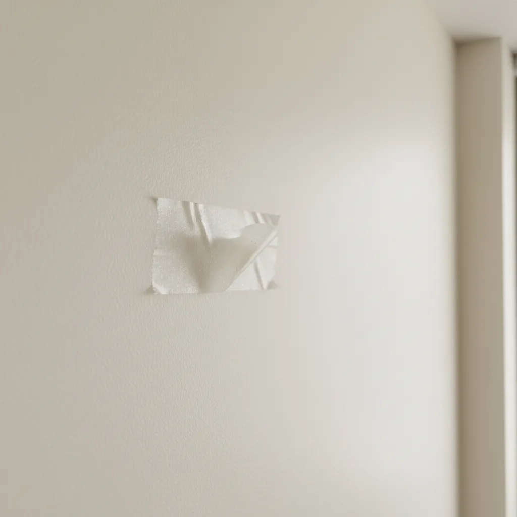 Close view of poster tape attached to a painted interior wall
