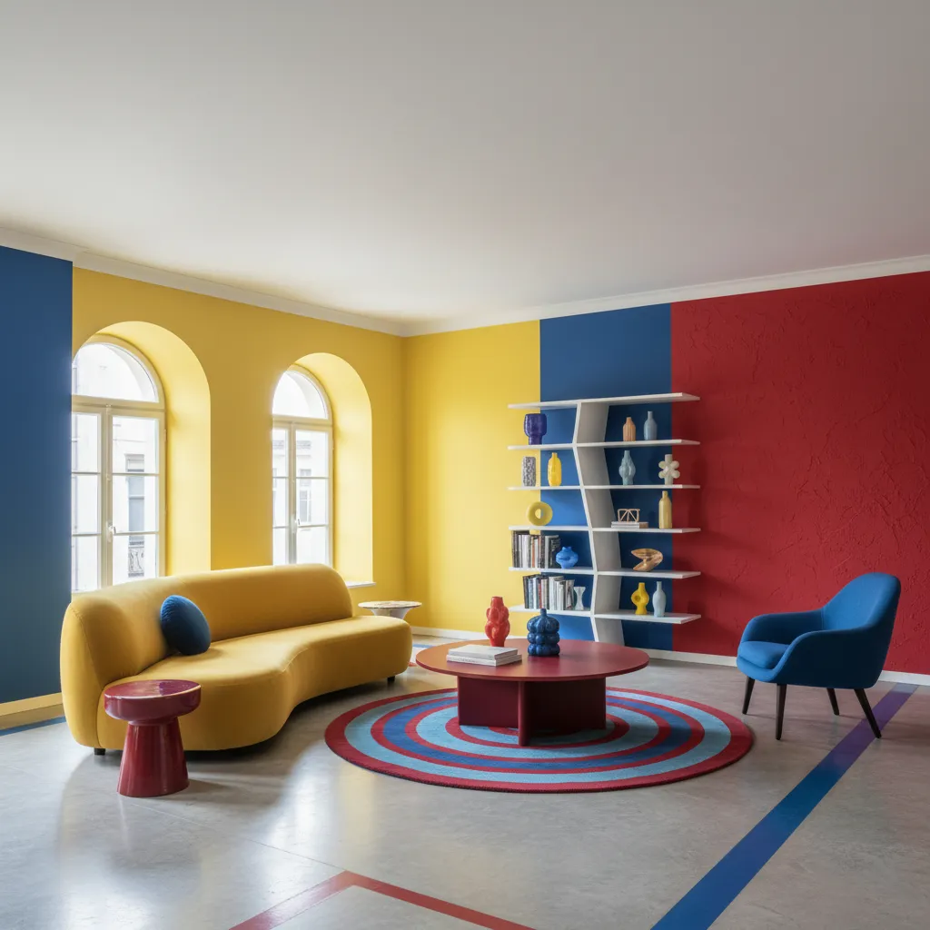Interior con paleta de colores vibrantes en estilo postmoderno